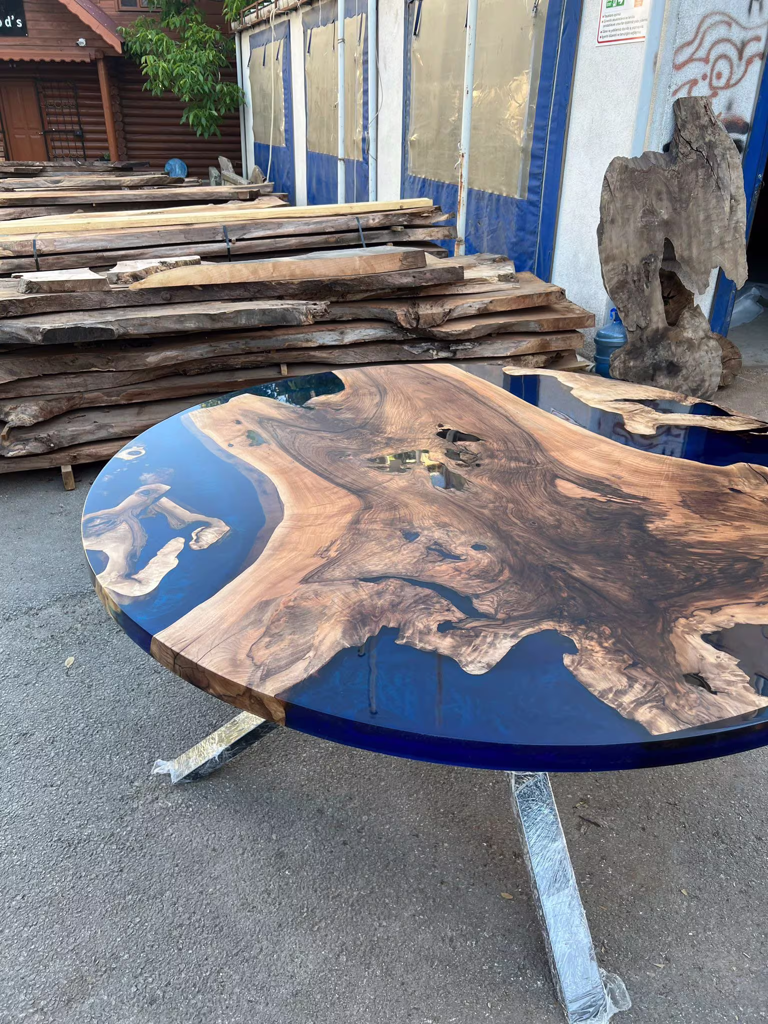 Round Dining Table, Epoxy Coffee Custom 66" Walnut Blue, Turquoise, Green Live Edge For Rosa