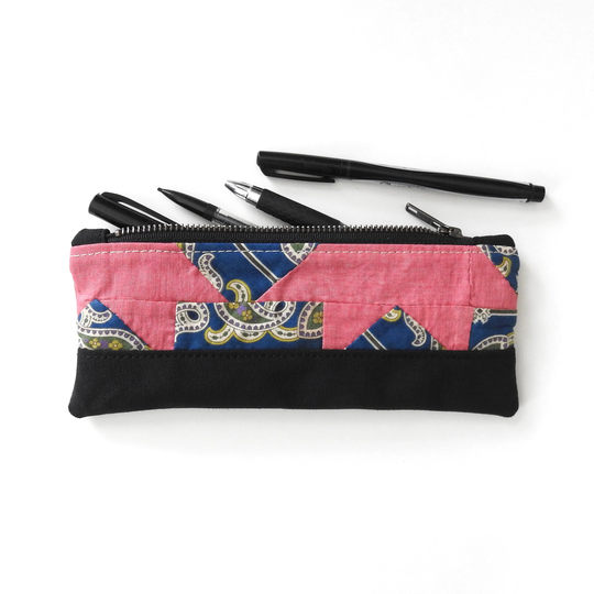 Recycled Quilt Pencil Case, Zipper Pouch, Pink Blue