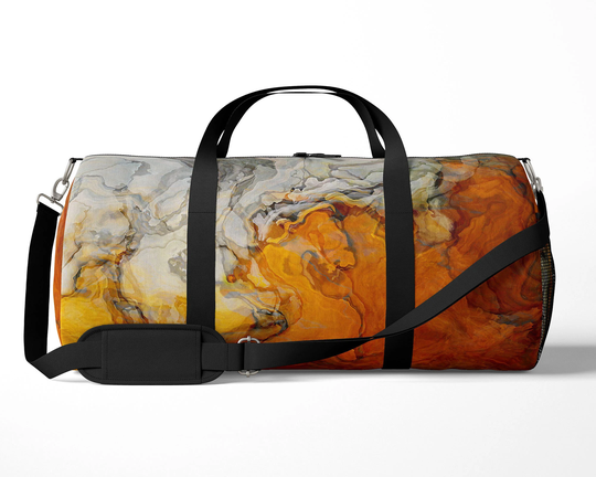 Travel Bag With Abstract Art, Lined Fabric Duffel Padded Strap, Overnight Weekender in Orange, White, & Gray, Baby Teeth