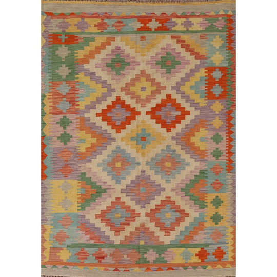 Southwestern Colorful Kilim Oriental Area Rug Flat-weave Wool Carpet - 5'0"x 6'8"