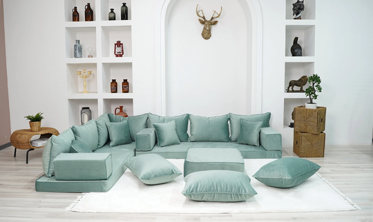 L Shaped Velvet Water Green Floor Seating, Fabric, Sofa Cover, Couch, Sectional Sofa, Pallet Moroccan Decor