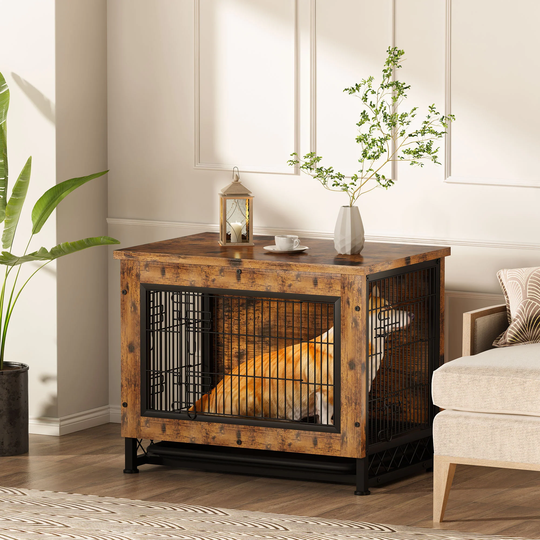 Mieres Industrial Style Rustic Brown Wooden Dog Kennel with Three Doors, Indoor Pet Furniture Dog Crate End Table