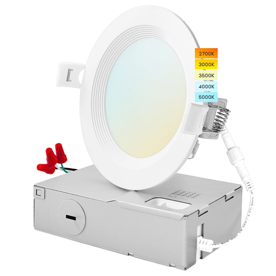 Luxrite 4" Ultra Thin LED Recessed Light J-Box 10.5W 5 Color Options Dimmable 750 Lumens IC Rated Baffle