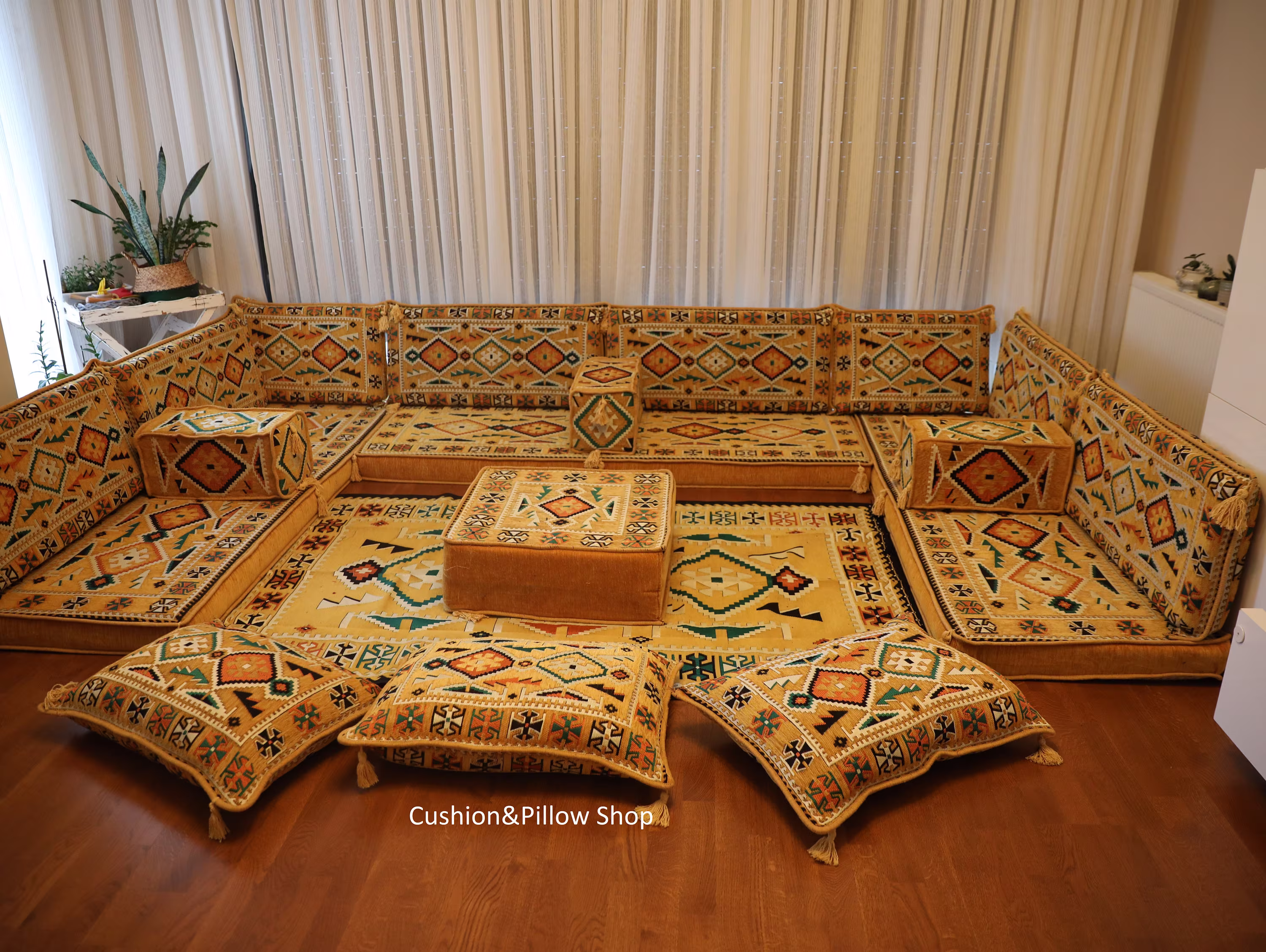 Arabic Sofa Set, U Shape Majlis Sofa, Bohemian Home Decor, Yellow Couch Oriental Custom Order Ottoman Style Decor