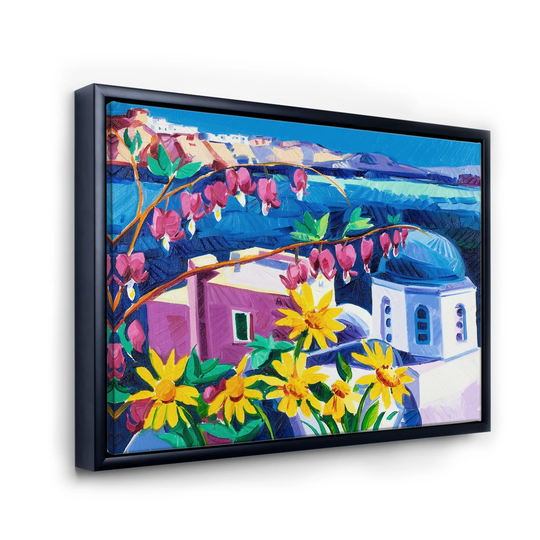 Designart 'Colorful Traditiona Santorini Churches' Nautical & Coastal Framed Canvas Wall Art Print