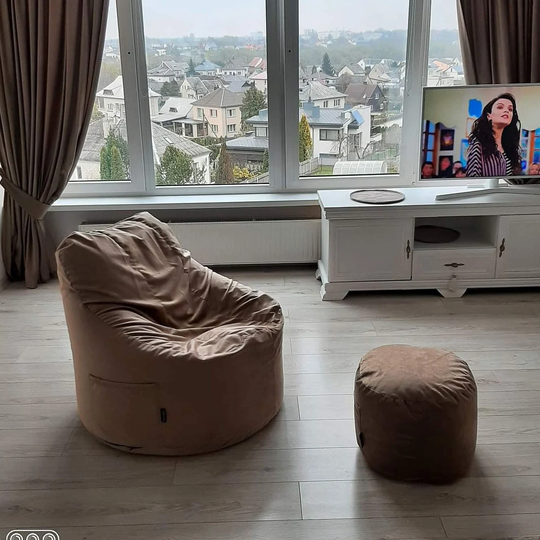 Velour Bean Bag Chair + Pouf, Inner & Outer Bags With Zippers, Cover
