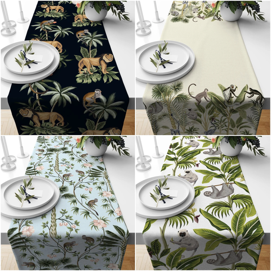 Animal Print Table Runner|Green Leaves & Animals|Lion, Sloth Monkey Tablecloth|Lion On Tree Runner|Tropical Animals Decor