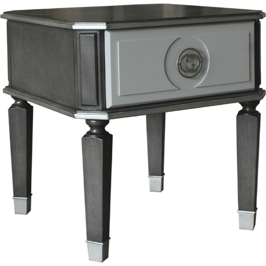 MDF End Table with 1 Drawer and Turned Tapered Legs, Gray and Silver - 24 L x 24 W x 24.21 H Inches