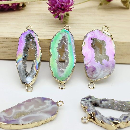 Brilliant Ab Color Druzy Agate Slice Connector Gold Plated Loops Raw Crystal Charm Different Size Natural Drusy Geode Jewelry