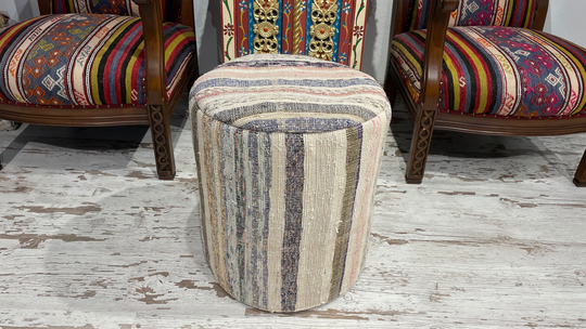 Blue White Contemporary Decorative Round Pouf Cotton Turkish Kilim Rug Chair Ottoman Luxury Foot Stool 18x18 Inches