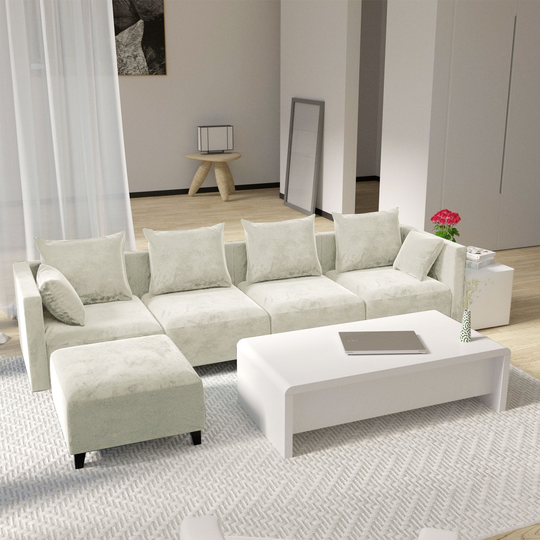 Sectional Sofa L shape Velvet Square Arm Sofa with 6 Pillows for Living Room
