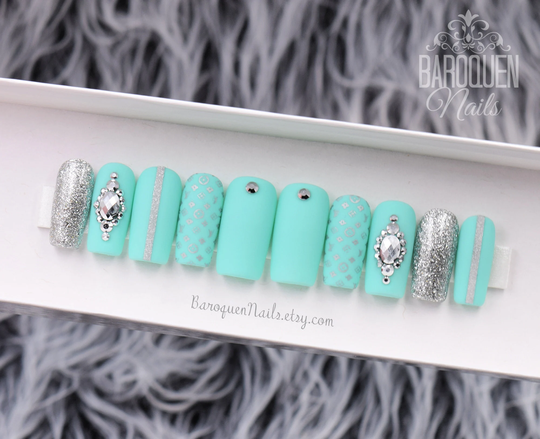 Aquamarine Press On Nails Silver Accents Nail Art Turquoise Fake Designer Print False Aqua Set Metallic Glitter Gel