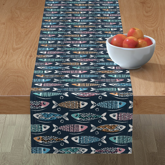 School Of Fish Table Runner - Sardines By Rocketandindigo Cute Navy Fun Kids Ocean Fishes Cotton Sateen Spoonflower