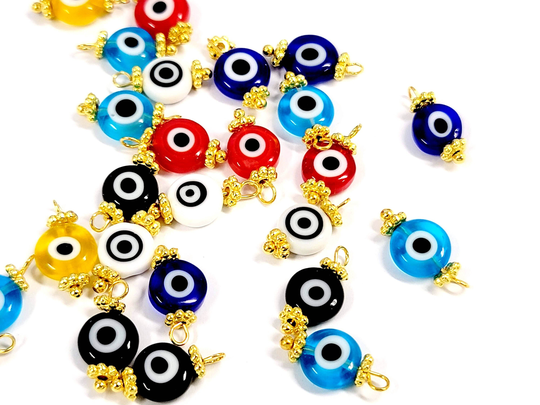10Pcs 8mm Evil Eye Drops Assorted Colors Earring Necklace Drops, Charms, Gold Plated, Glass Drops,, 16x8mm. Fn22-005