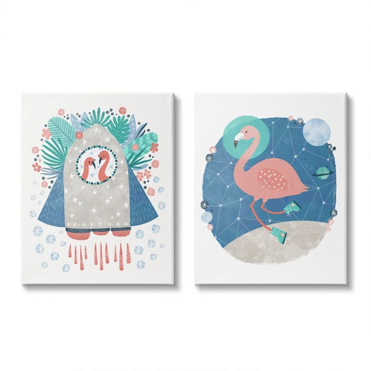 Stupell Industries Astronaut Flamingos Outer Space Rocketship Illustration, 2pc Multi Piece Canvas Wall Art Set - Multi-Color