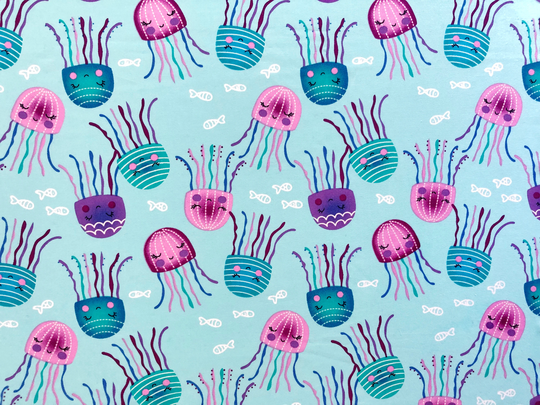 Colourful Dancing Jellyfishes Blue Quilting Cotton Fabric By 1/2 Yard Or Fat Quarter, Under The Sea Luminous Creature