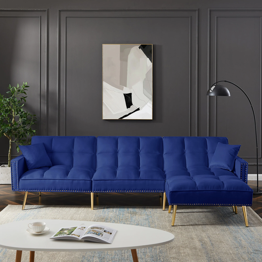 Velvet Upholstered Reversible Sectional Sofa Bed, L-Shape Sleeper Sofa with Chaise Lounge, Nailhead Trim & 2 Pillows