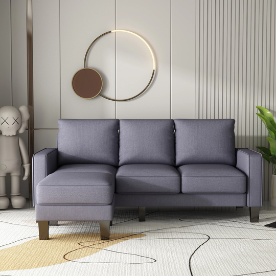 CTEX L-Shaped Fabric Thick Cushions Storage 3-Seat Sofa with Ottoman and Wood Frame