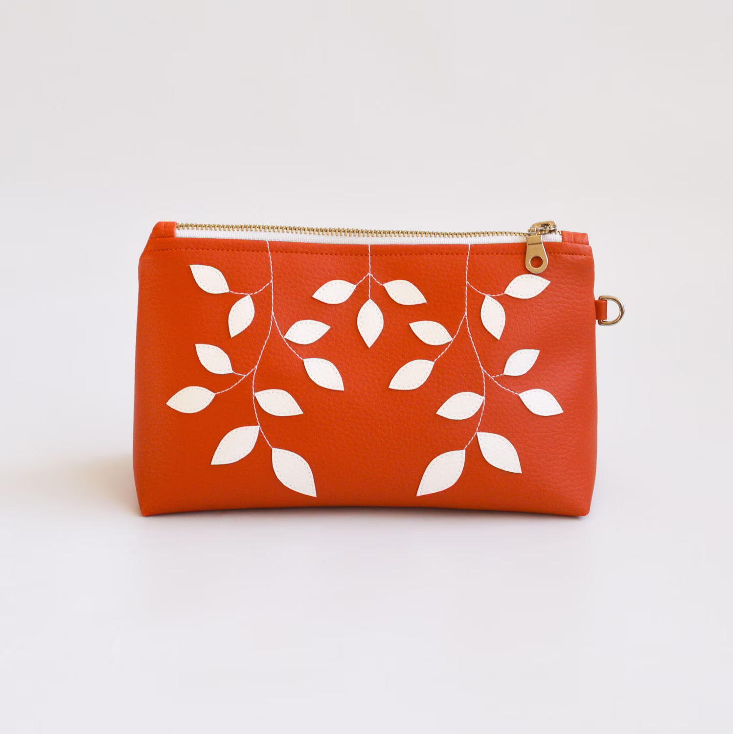 Orange Vegan Leather Pouch, Faux Pencil Case, Toiletry Bag, Orange Travel Leave Leaf Leaves Pouch
