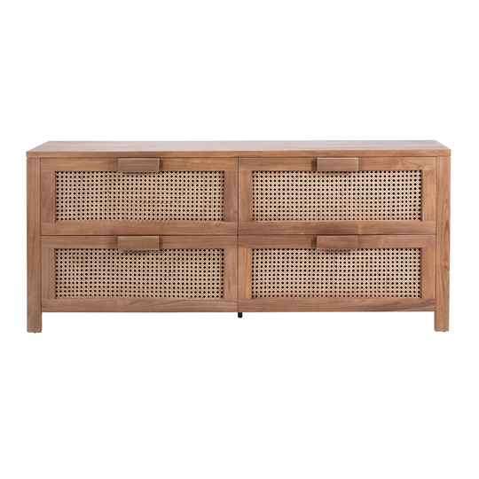 Elliana 63-inch Teak and Woven Rattan 4-Drawer Sideboard in a Natural Finish