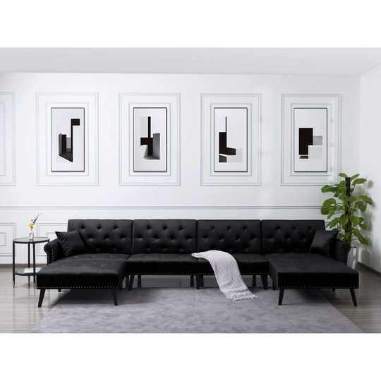 150" Symmetrical Velvet Sectional Sofa with Reversible Chaise Convertible Sleeper Sofa bed with 2 Pillows, Nailhead trim