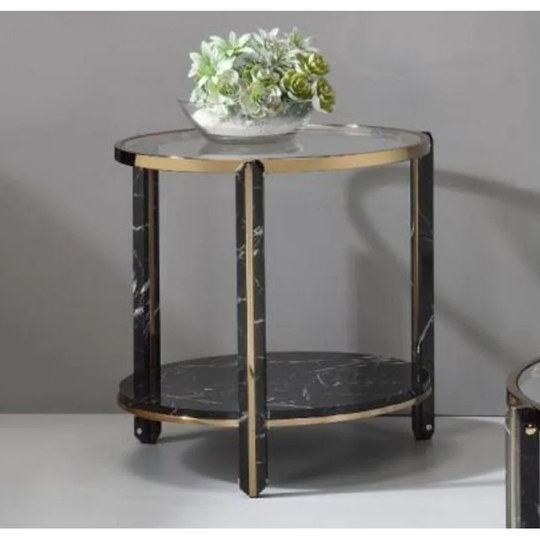 Thistle End Table - Clear Glass Top&Black Faux Marble Base, Champagne