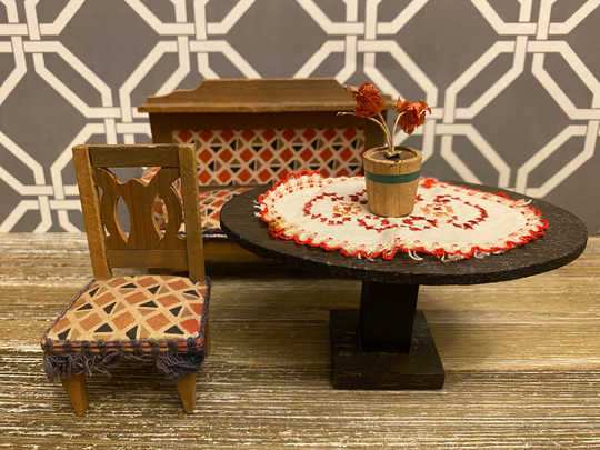 Antique German Sofa Chair Table Dollhouse Miniature Set | 1900S Dolls House Wood Parlor Living Furniture Geometric Print Rare Htf