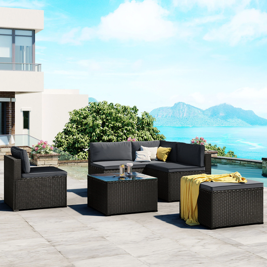 6-Piece Outdoor Furniture Set with PE Rattan Wicker, Patio Garden Sectional Sofa Chair, Removable Cushions and Rattan Table