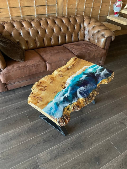 Epoxy Coffee Table, Table Wood, Handmade Unique, Resin Ocean With Natural Wood