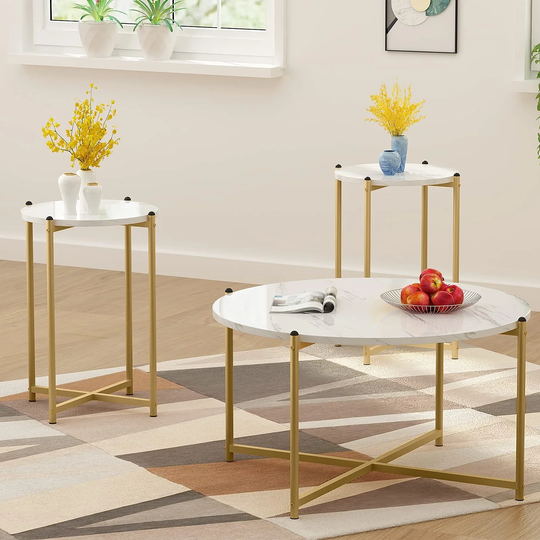Coffee Table Set of 3, Modern Round Coffee Table & 2pcs End Table Faux Marble Tabletop with Gold Cross Base Frame