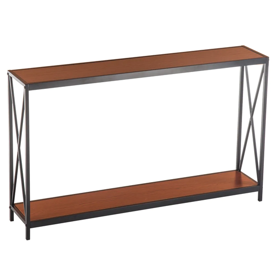 2-Tiers Triamine Board Cross Iron Frame Porch Table Sofa Side Table for Living Room