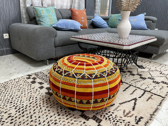 Kechart - Colorful Round Moroccan Pouf, Poufs Ottomans, Pouf Cover, Genuine Leather, Tissue, Chairs Seat Cushion, Footstool, Deco