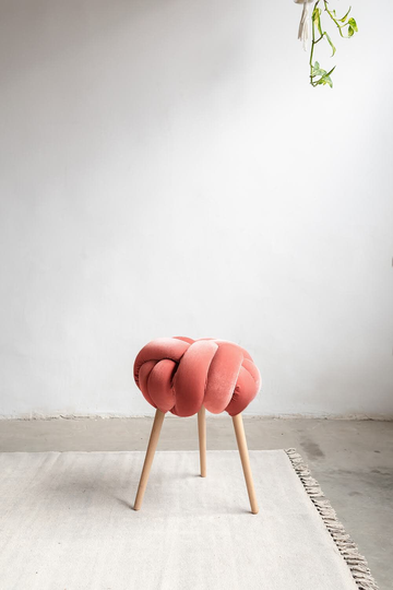 Salmon Velvet Knot Stool, Design Chair, Modern Industrial Wood
