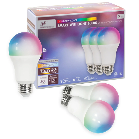 MW Lighting 3pack LED A19 RGBW Smart Bulb, 800Lumens, E26 Screw Base - white - pack of 3