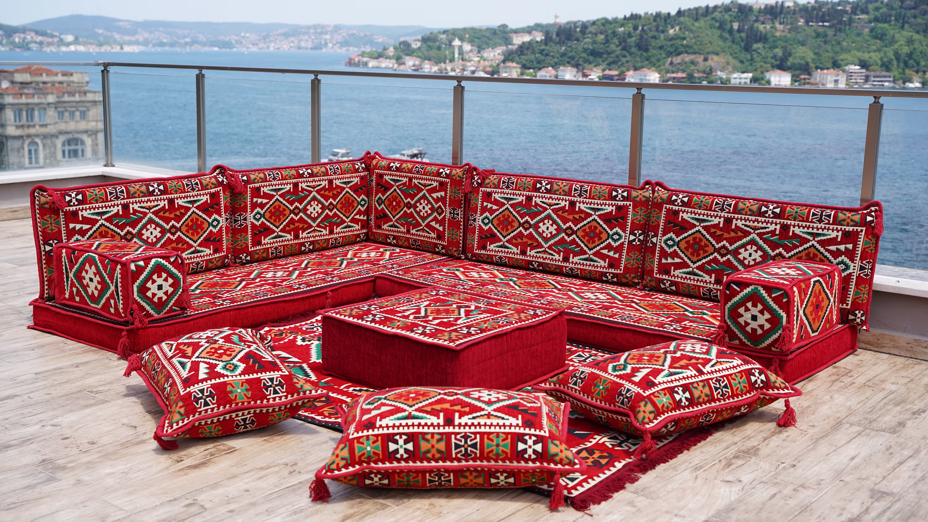 Red Color Floor Cushions, L Shaped Arabic Seating Sofas, Balcony Terrace Washable Cushion Covers, Couches Sofa, Majlis