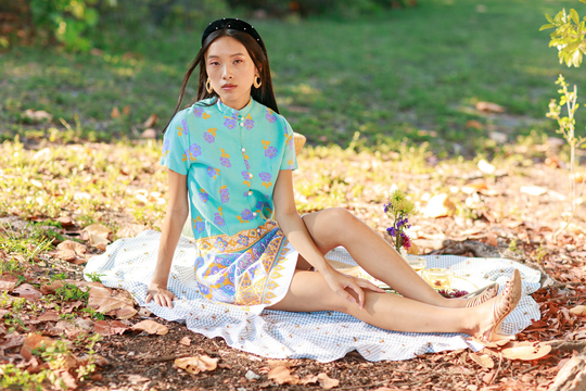 60S Blue Colorful Brocade Print Shift Dress Vintage Short Sleeve Button Summer