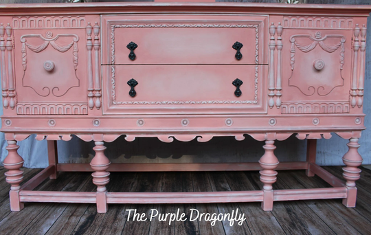 Coral Pink Antique Jacobean Sideboard Credenza, Buffet, Entryway Table, Console