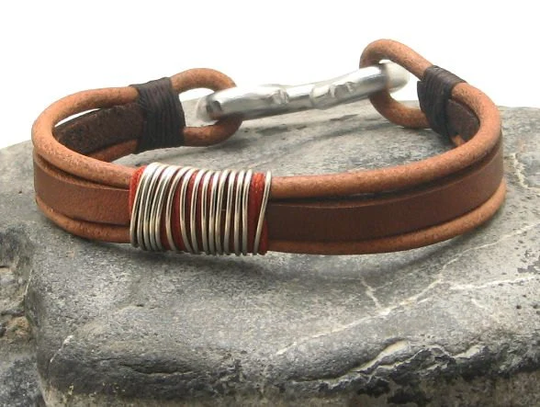 Birthday Gift, Men's Leather Bracelet, Brown & Natural Multi Strand Bracelet With Metal Work Handmade Clasp