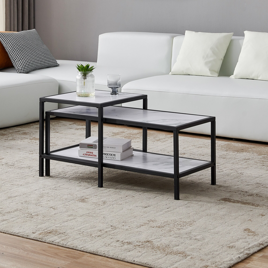 Modern Nesting coffee table Square & rectangle, metal frame with wood marble color top