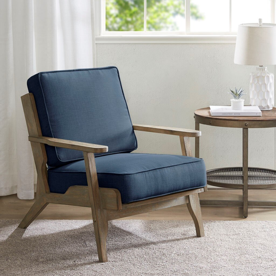 Malibu Accent Chair Wood Armchair with Cushioned Seat and Back in Navy, 28.5"W x 35.5"D x 34"H