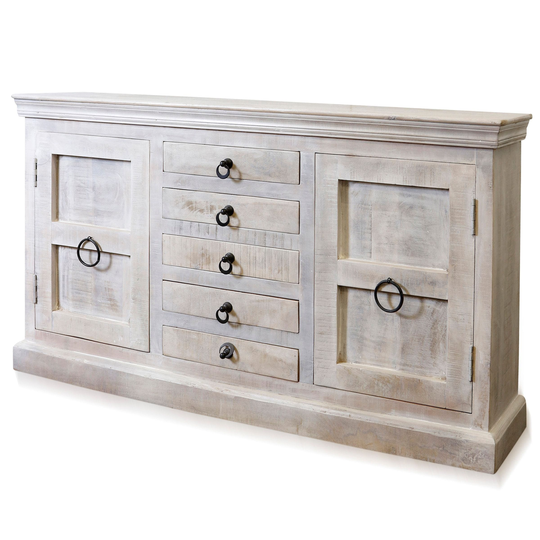 StyleCraft Gray Wash Solid Wood Five Drawer Two Door Sideboard With Aged Bronze Cast Aluminum Hardware
