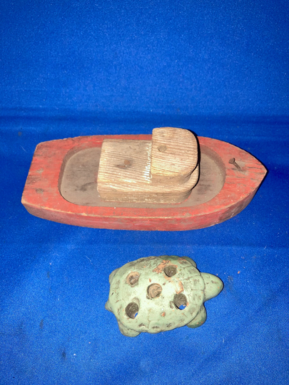 Antique Folk Art Tug Boat & Turtle Pencil Holder