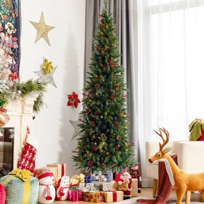 7.5Ft Pre-lit Slim Christmas Tree with Cones and Berries, Metal Stand, Pencil Xmas Tree, Green