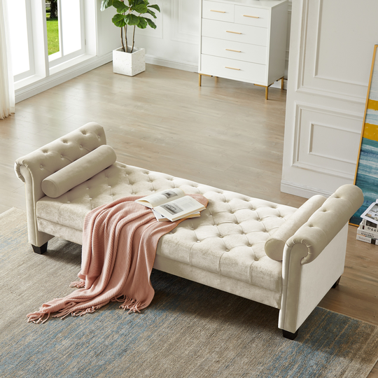 Fabric Tufted Rectangular Large Sleeper Sofa Stool with 2 Pillows, Pleuche Frame and Eucalyptus Legs, Ivory