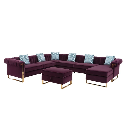 Maddie Velvet 8-Seater Sectional Sofa with Reversible Chaise and Storage Ottoman