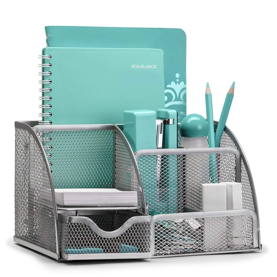 DCP Desk Organizer Mesh Collection Pencil Holder, 6 Compartments, Silver - 8.66*5.63*4.96in
