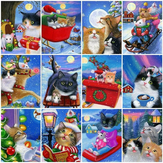 24 Designs Christmas Cats Animal Sleigh Full Drill 5D Diy Diamond Painting Xmas Gift, Dotz Wall Art Kit