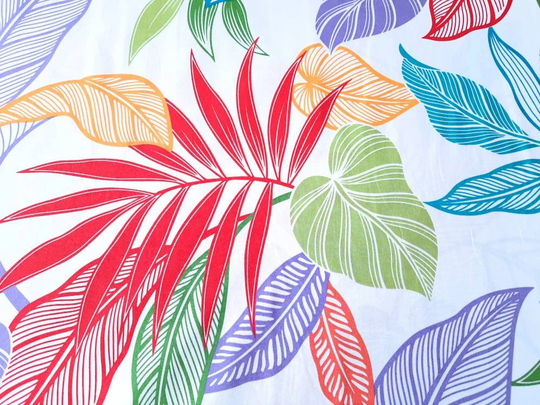 Colorful White Hawaiian Fabric Print Of Palm Leaf, Taro Banana Leaf & Other Stylized Leaves, Cotton Poplin, By The Yard