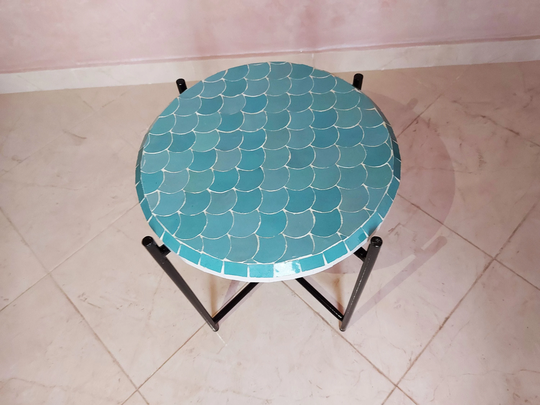 Moroccan Mosaic Table, Fish Scales Texture, 100% Handcrafted, Antique Design, Indoor/Outdoor Round Free Worldwide Shipping