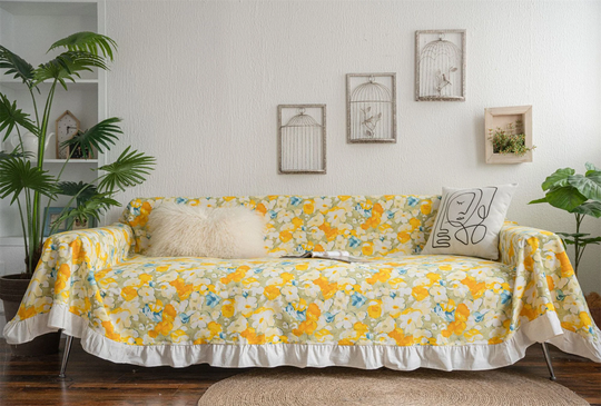 Yellow Camouflage Ruffled Edge Sofa Cover, Loveseat Cover Slipcover For Seat, Table Cloth Multi-Function Cotton Furniture Protect